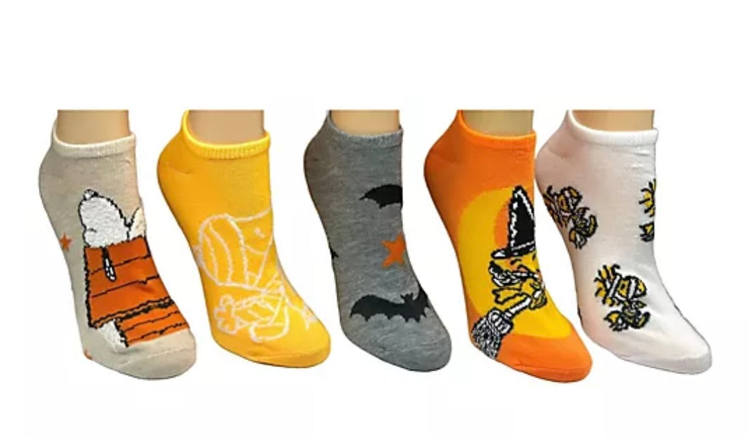 PEANUTS Ladies HALLOWEEN 5 Pair Of No Show Socks WOODSTOCK AS A WITCH - Novelty Socks And Slippers