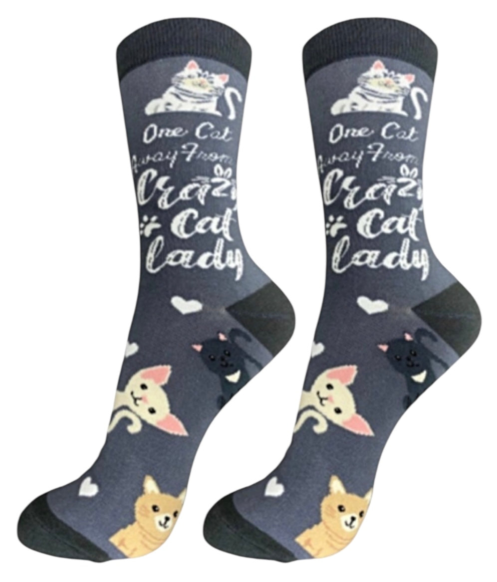 LIFE IS BETTER Brand Unisex ONE CAT AWAY FROM A CRAZY CAT LADY Socks By E&S Pets - Novelty Socks And Slippers