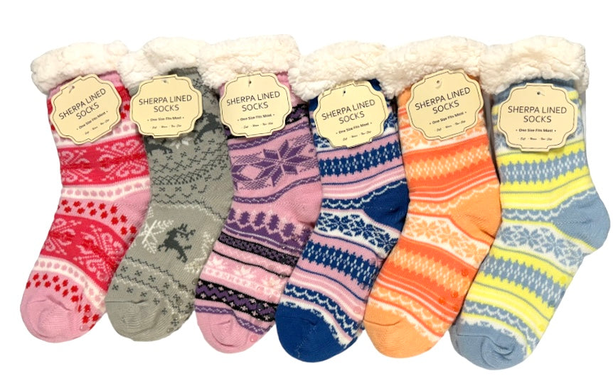 WINTER THEME Ladies Sherpa Lined Gripper Bottom Slipper Socks - Novelty Socks And Slippers