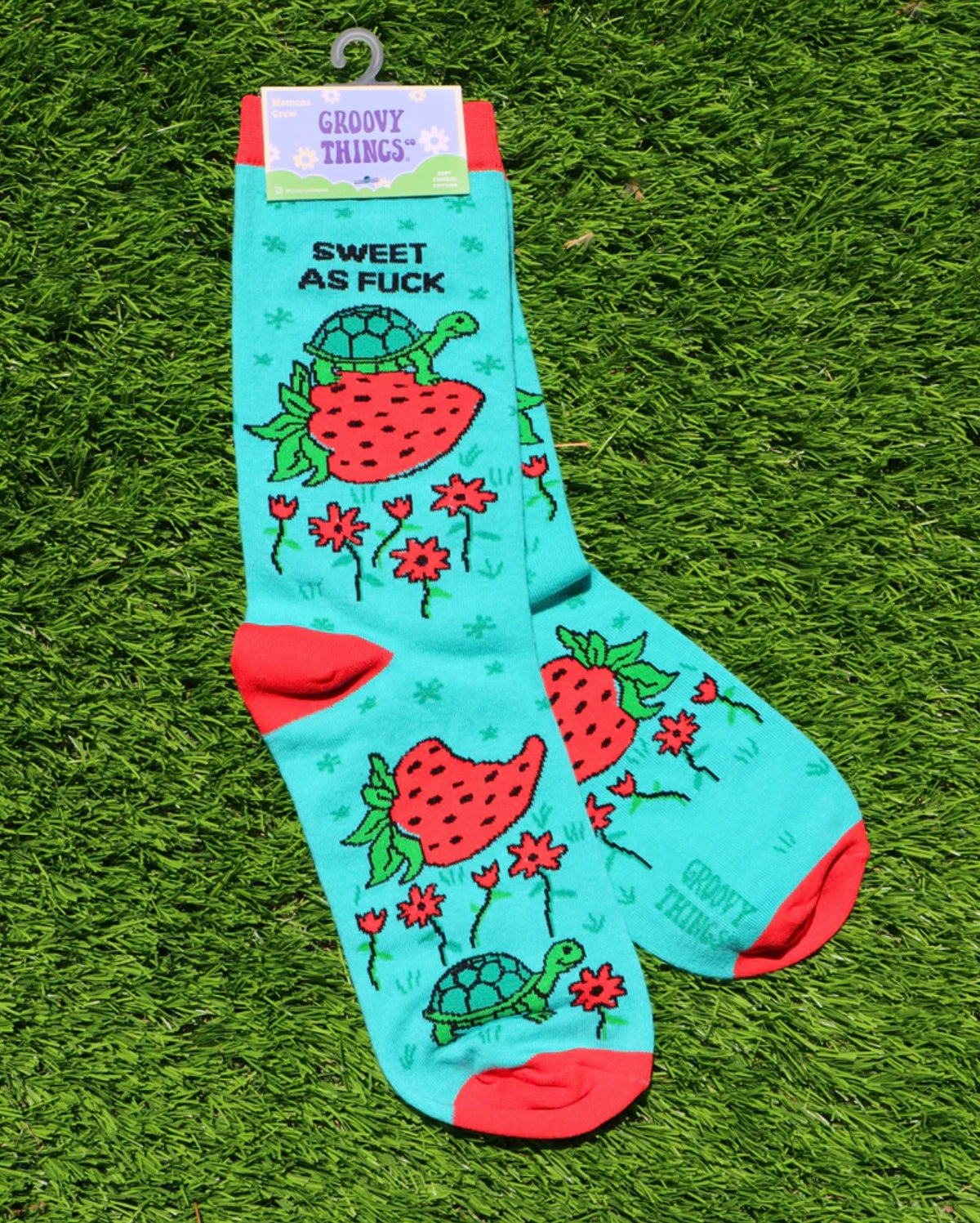 GROOVY THINGS Brand Ladies SWEET AS FUCK Socks Turtle & Strawberries - Novelty Socks And Slippers