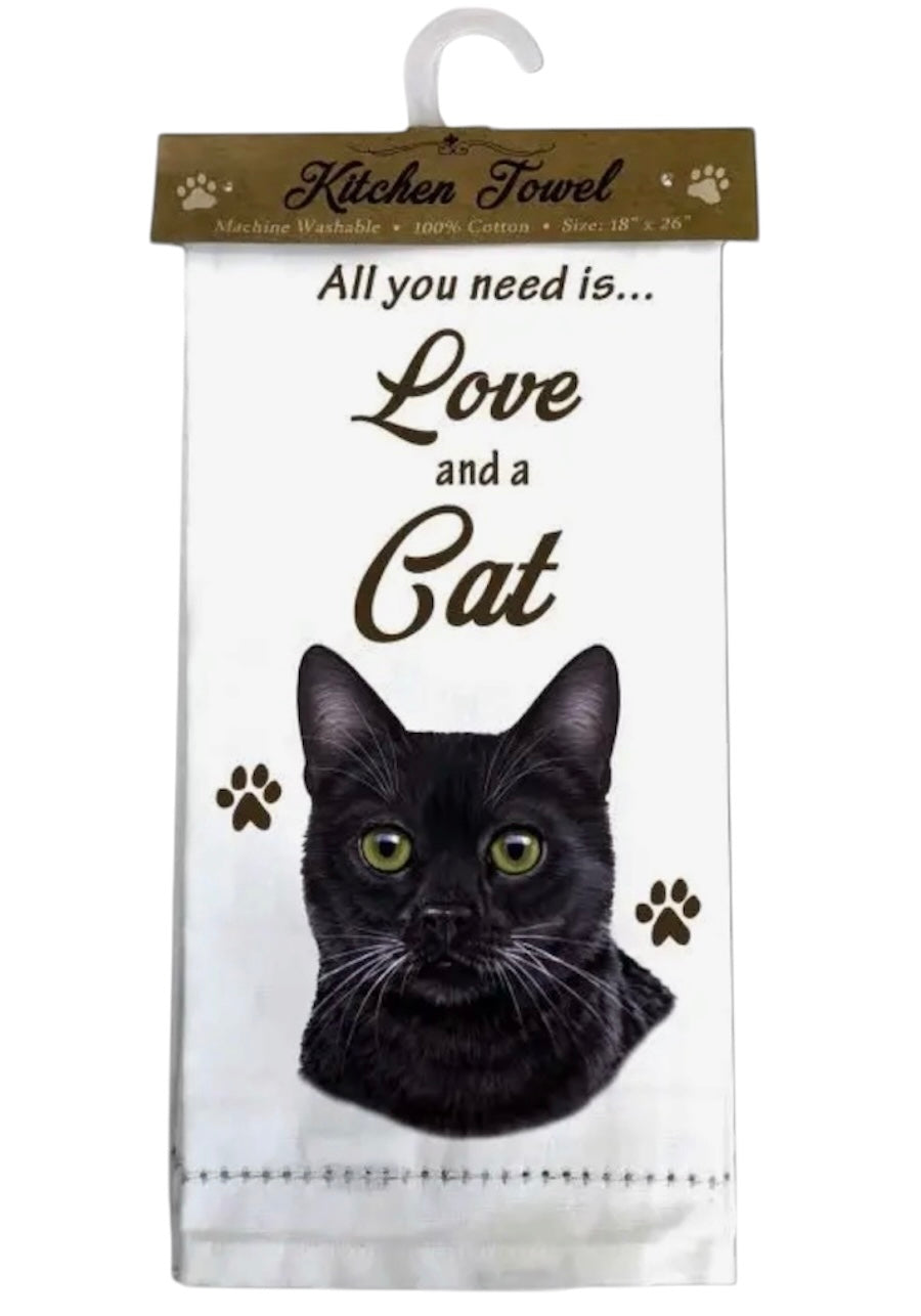 ALL YOU NEED IS LOVE & A CAT Kitchen Tea Towel By E&S Pets (Choose Cat Breed) - Novelty Socks And Slippers