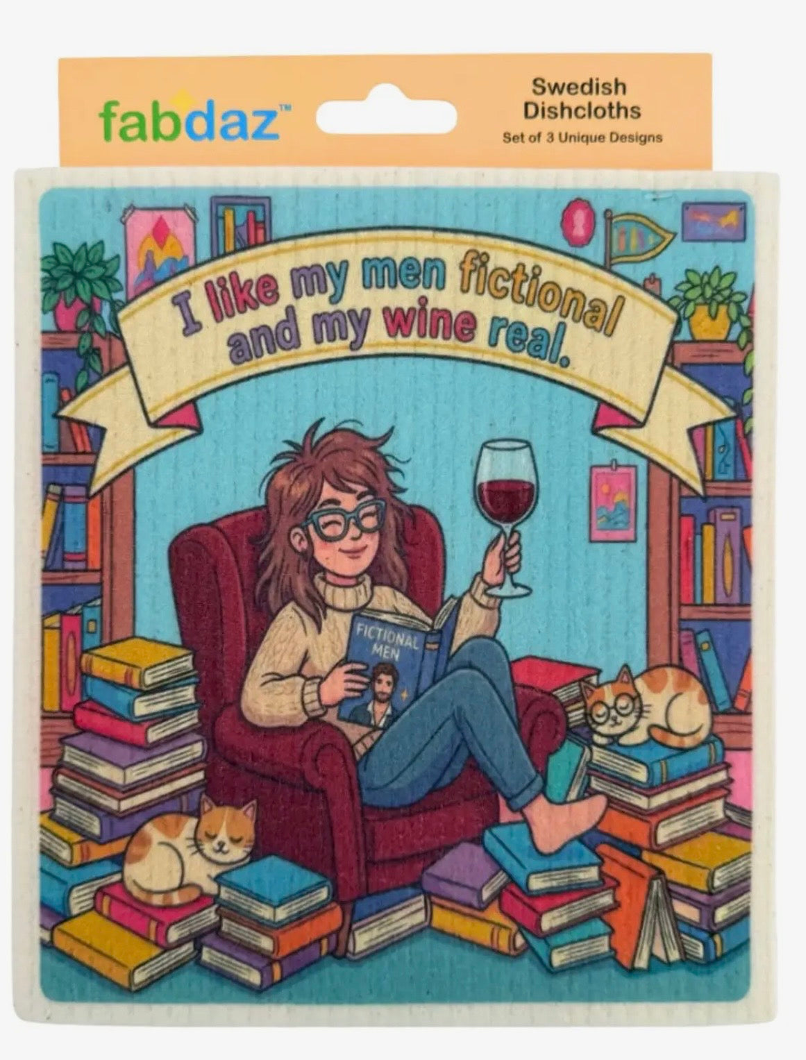ROMANCE BOOK LOVER Set Of 3 Swedish Dishcloths ‘I Like My Men Fictional & My Wine Real’