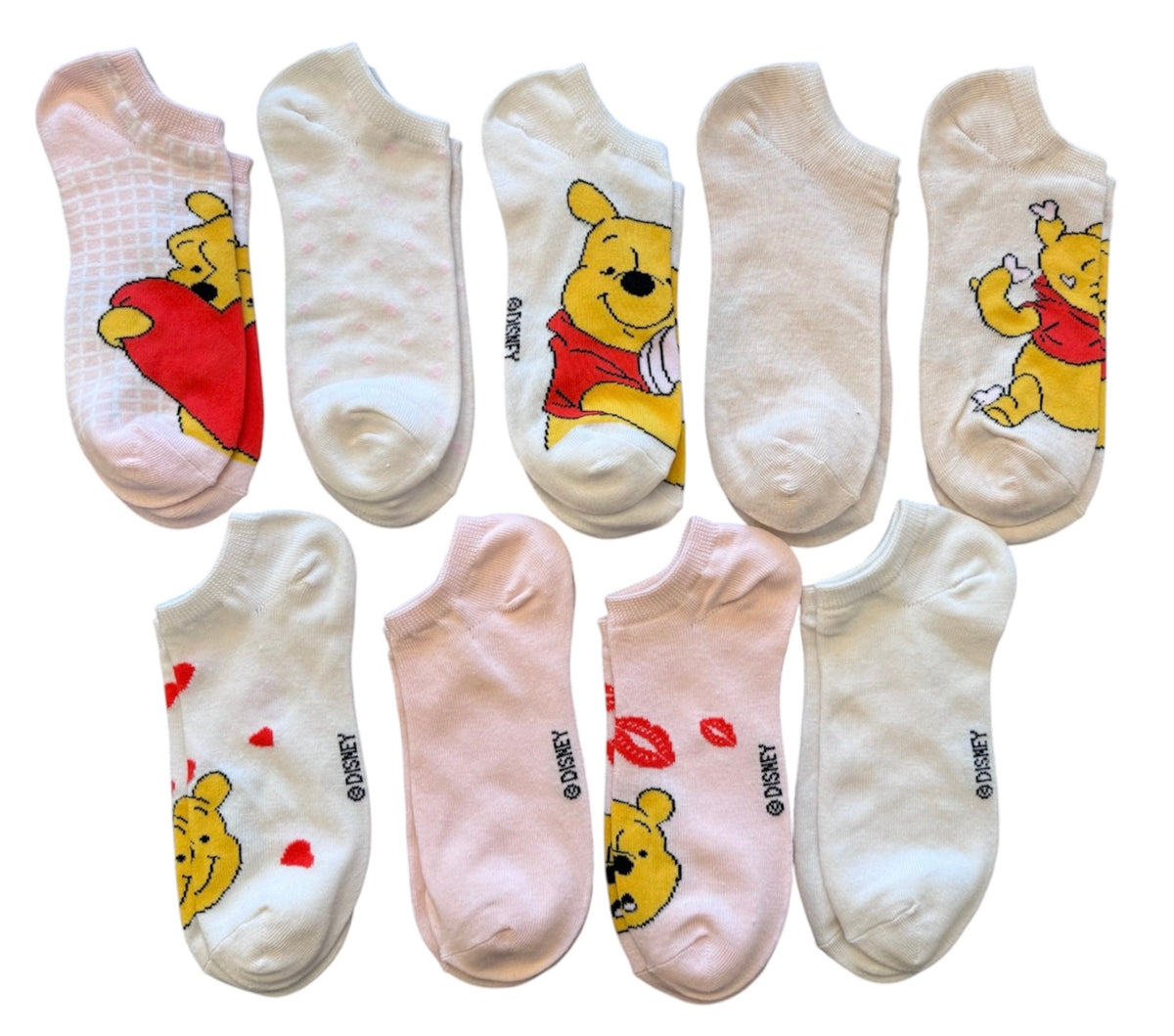 Disney WINNIE THE POOH Ladies VALENTINES DAY 9 Pair Of Low Show Socks With HEARTS - Novelty Socks And Slippers