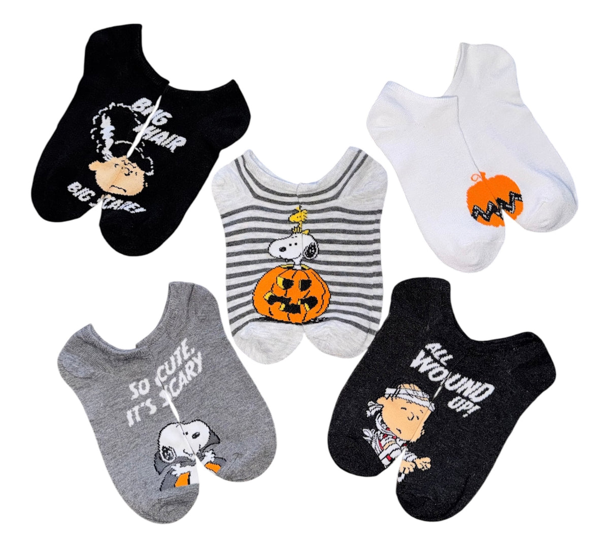 PEANUTS LADIES HALLOWEEN 5 Pair Of No Show Socks LUCY, LINUS, SNOOPY ‘So Cute It’s Scary’