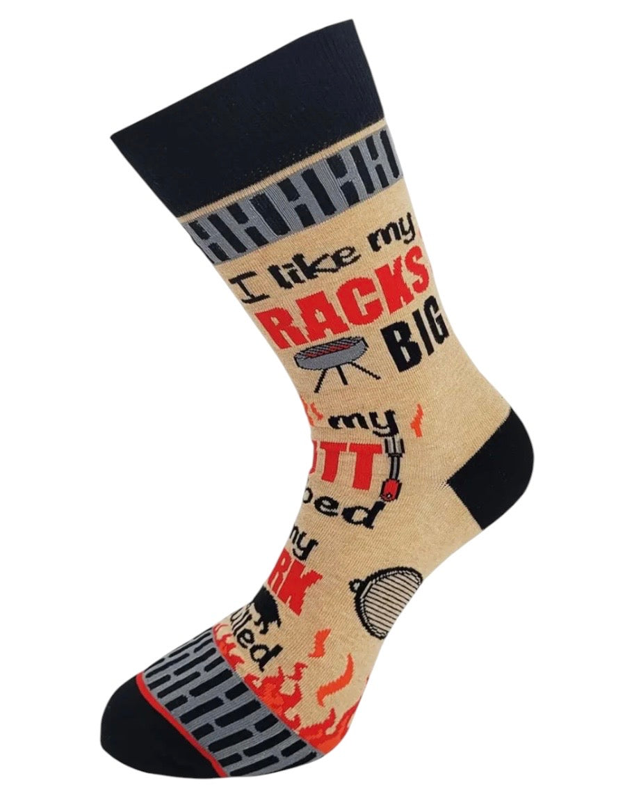 I LIKE MY RACKS BIG Men’s BBQ Socks ‘My Butt Rubbed & My Pork Pulled’ Fabdaz Brand