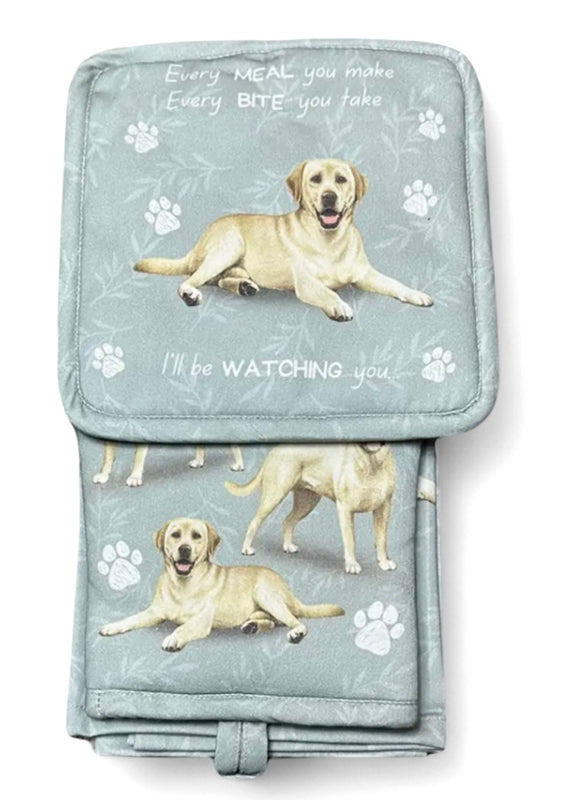 DOG & CAT 3 Piece Oven Mitt & Tea Towel Set By E&S Pets (CHOOSE BREED) - Novelty Socks And Slippers