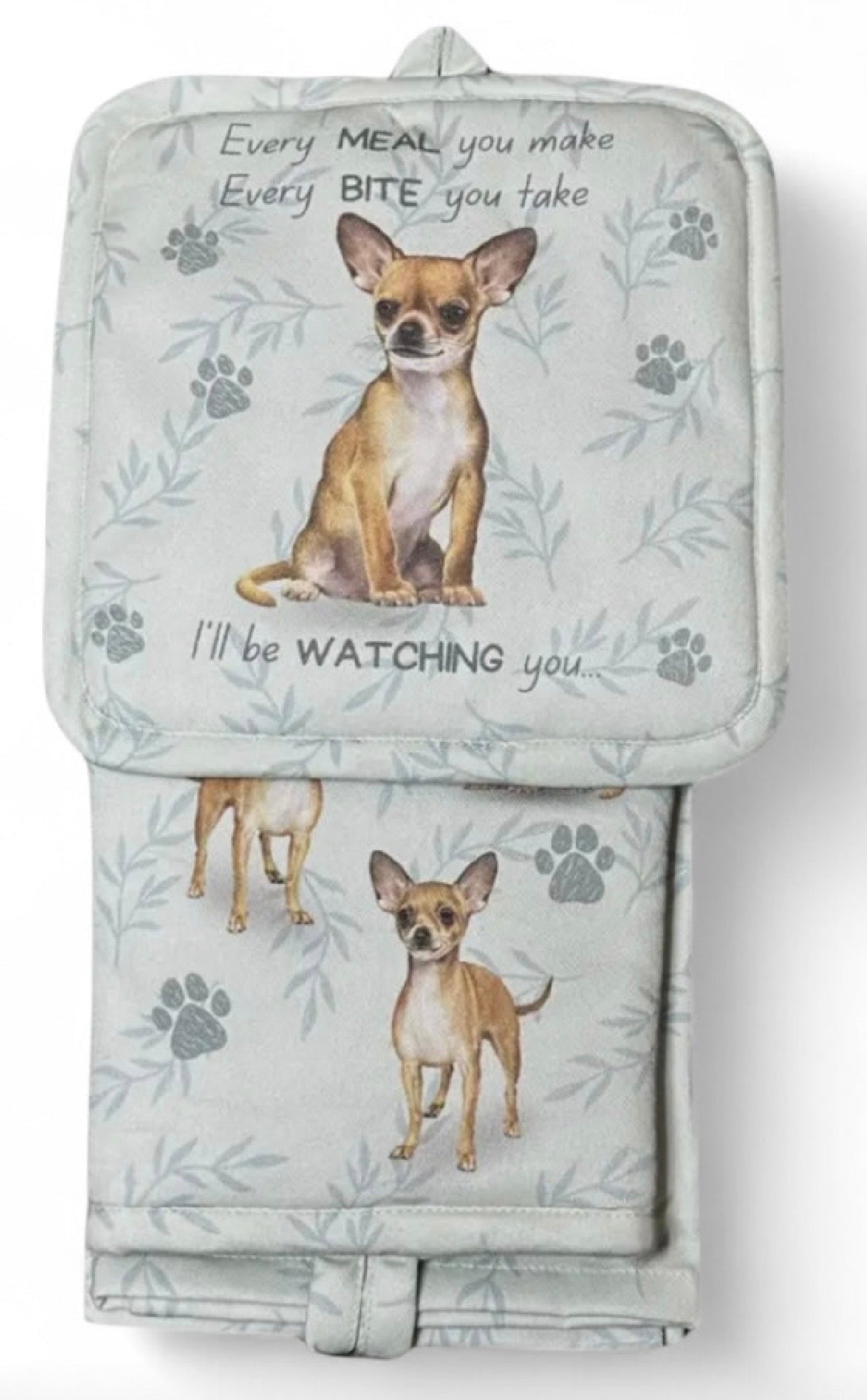 DOG & CAT 3 Piece Oven Mitt & Tea Towel Set By E&S Pets (CHOOSE BREED) - Novelty Socks And Slippers