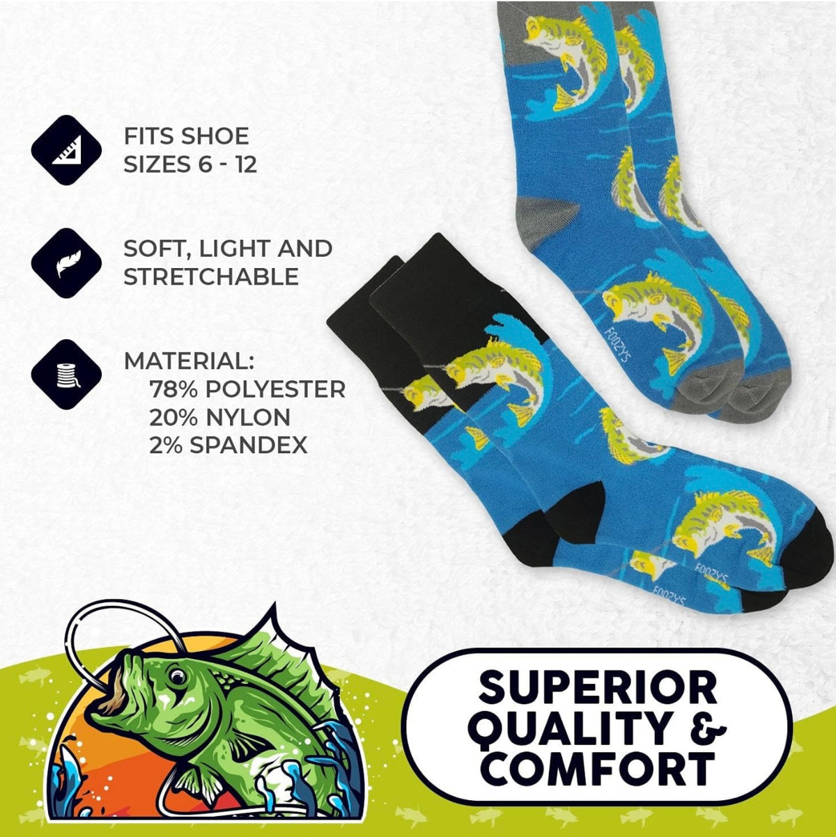 FOOZYS BRAND MEN’S 2 PAIR OF BASS FISHING SOCKS - Novelty Socks And Slippers