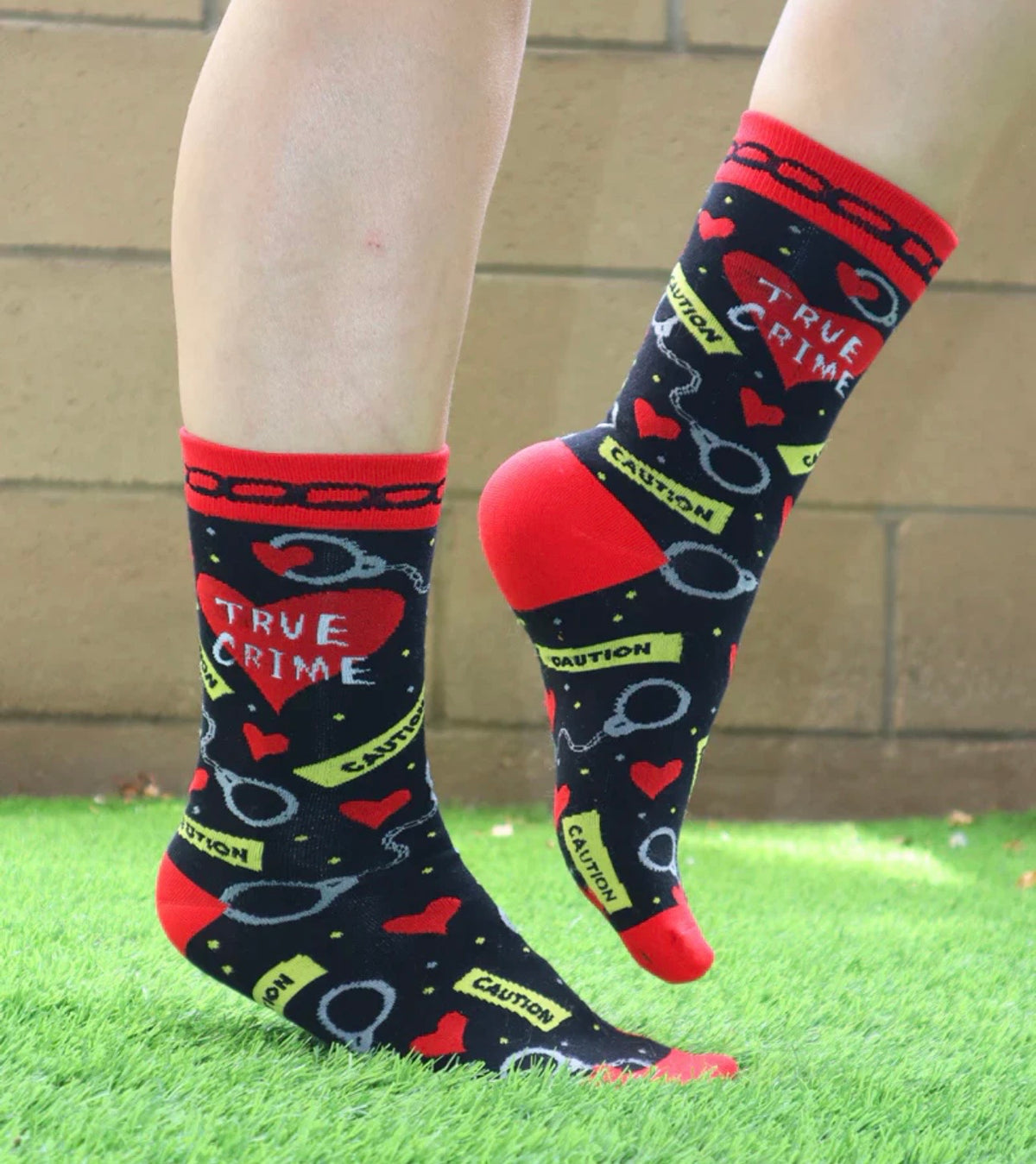 CAUTION TRUE CRIME Ladies Hearts & Handcuffs Socks Groovy Things Brand - Novelty Socks And Slippers