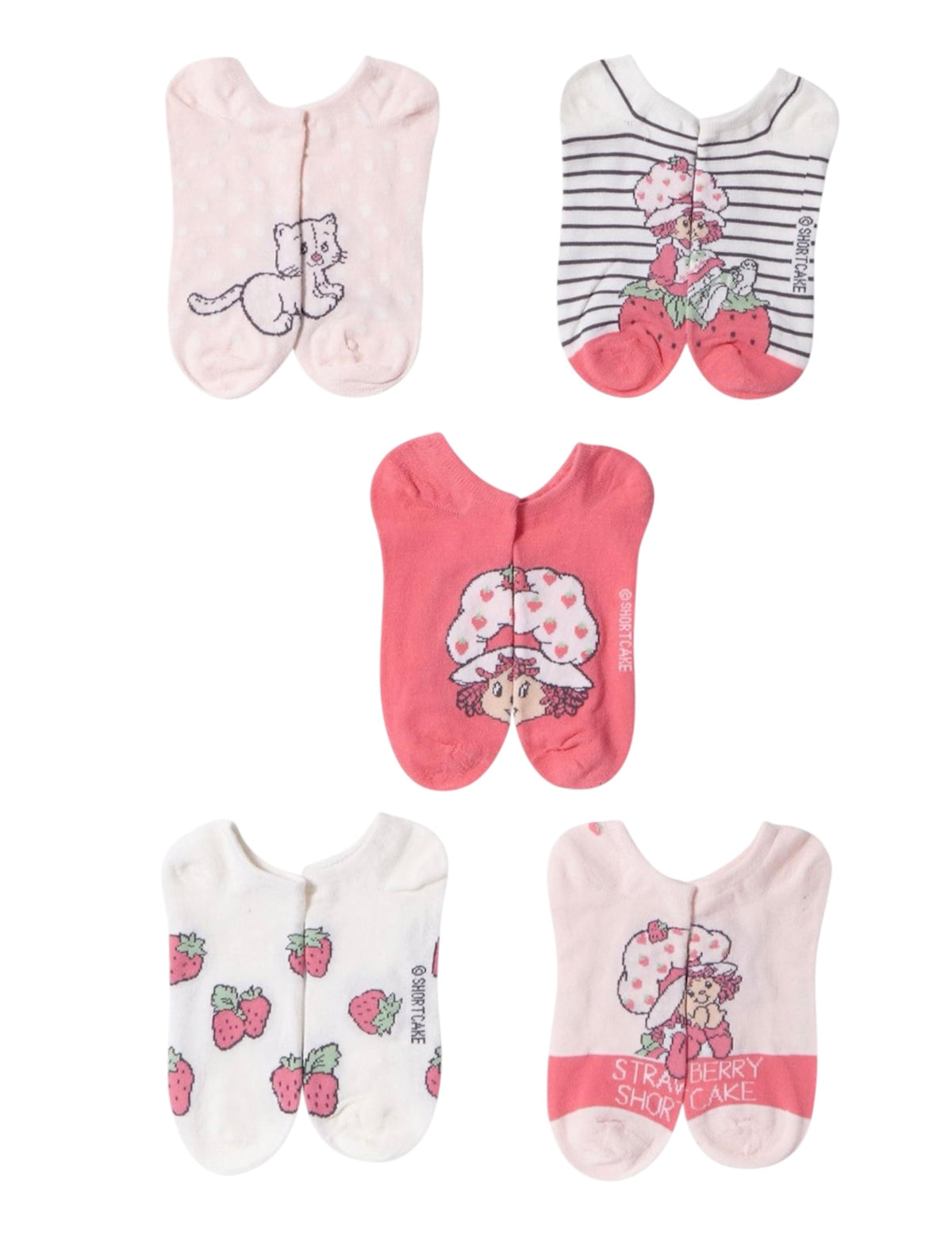 STRAWBERRY SHORTCAKE Ladies 5 Pair of No Show Socks With CUSTARD THE CAT