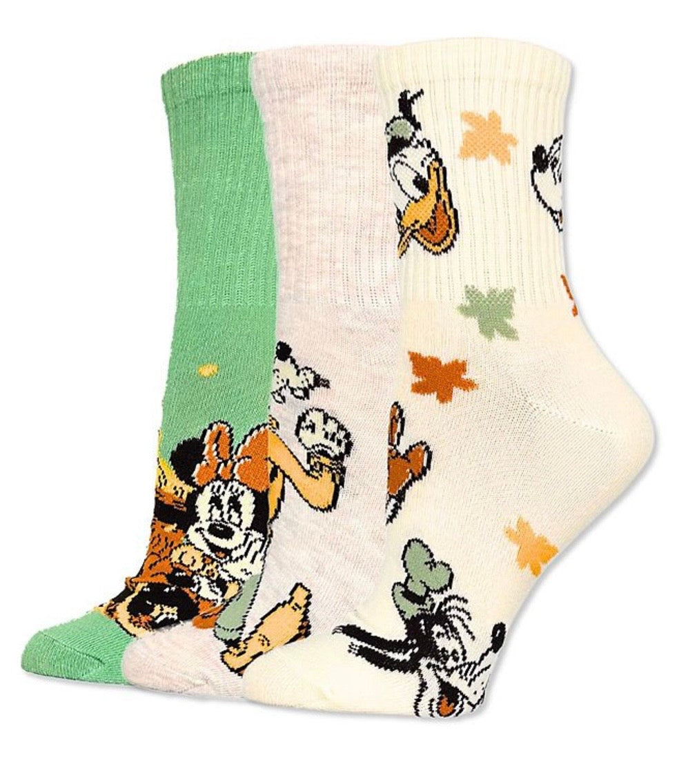 DISNEY Ladies 3 Pair Of Harvest Thanksgiving Socks Mickey, Minnie, Goofy