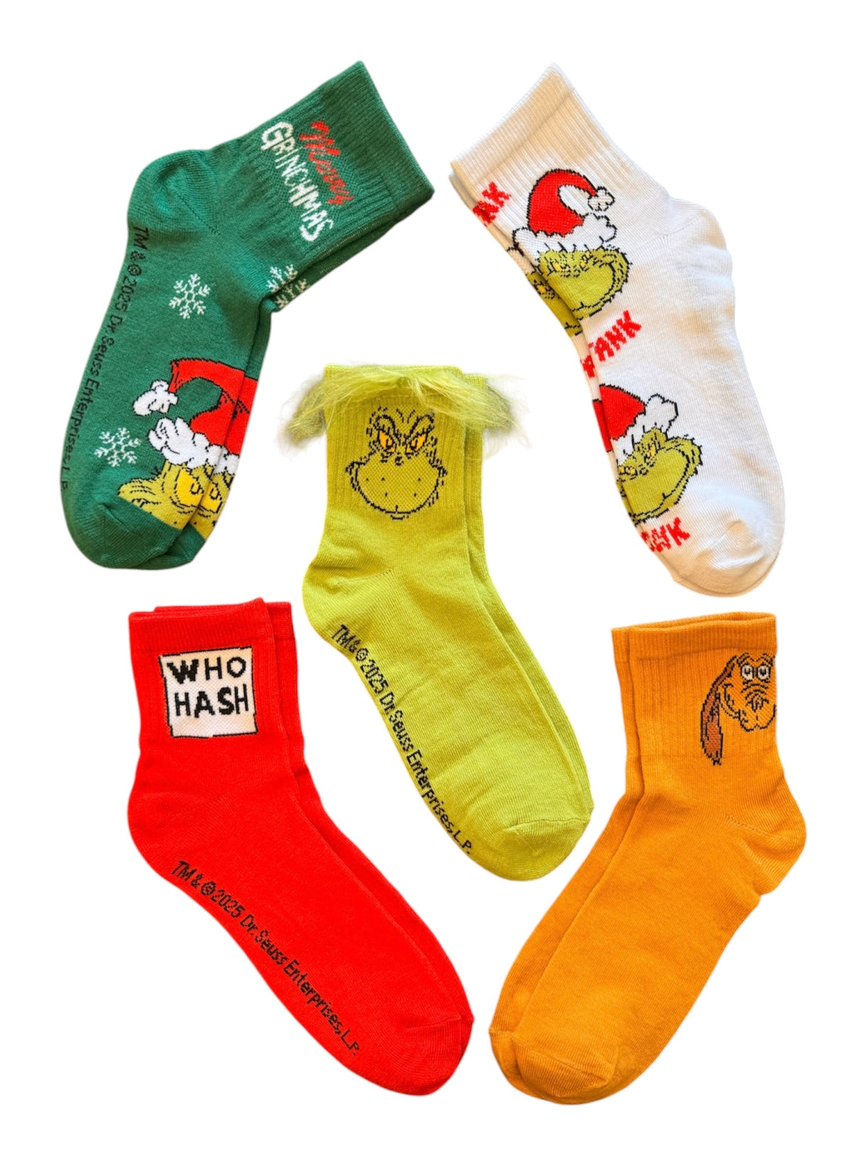 DR. SEUSS THE GRINCH Ladies 5 Pair Of Christmas Socks Grinch With Fuzzy Hair ‘Merry Grinchmas’