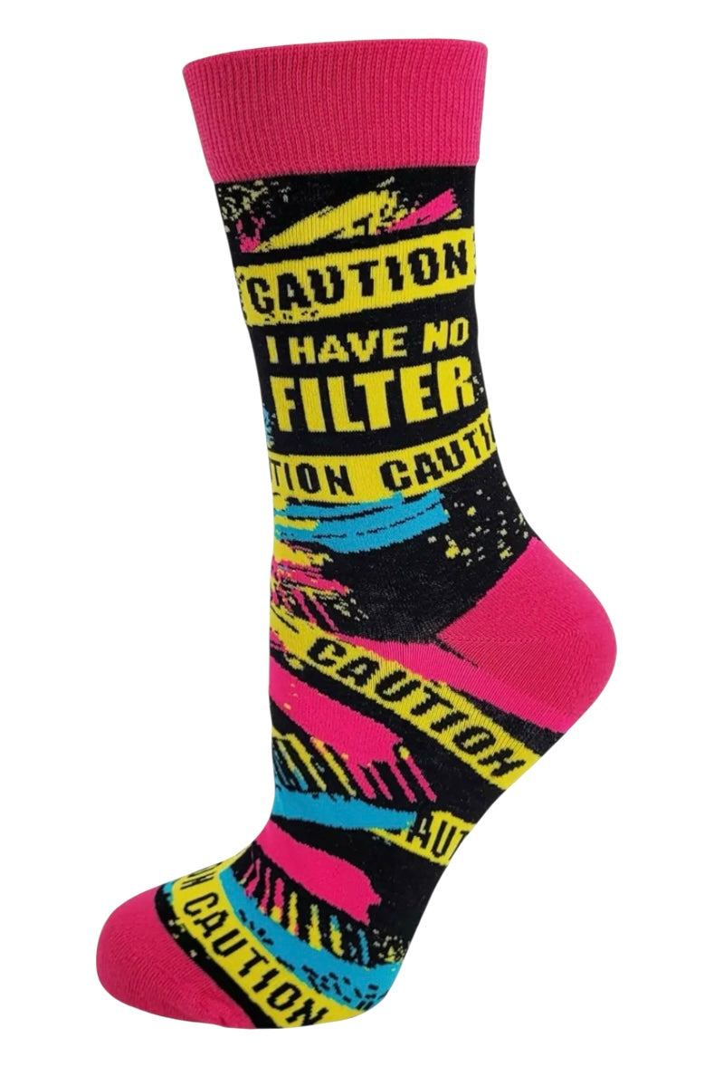 Fabdaz Brand Ladies CAUTION I HAVE NO FILTER Socks With Caution Tape - Novelty Socks And Slippers