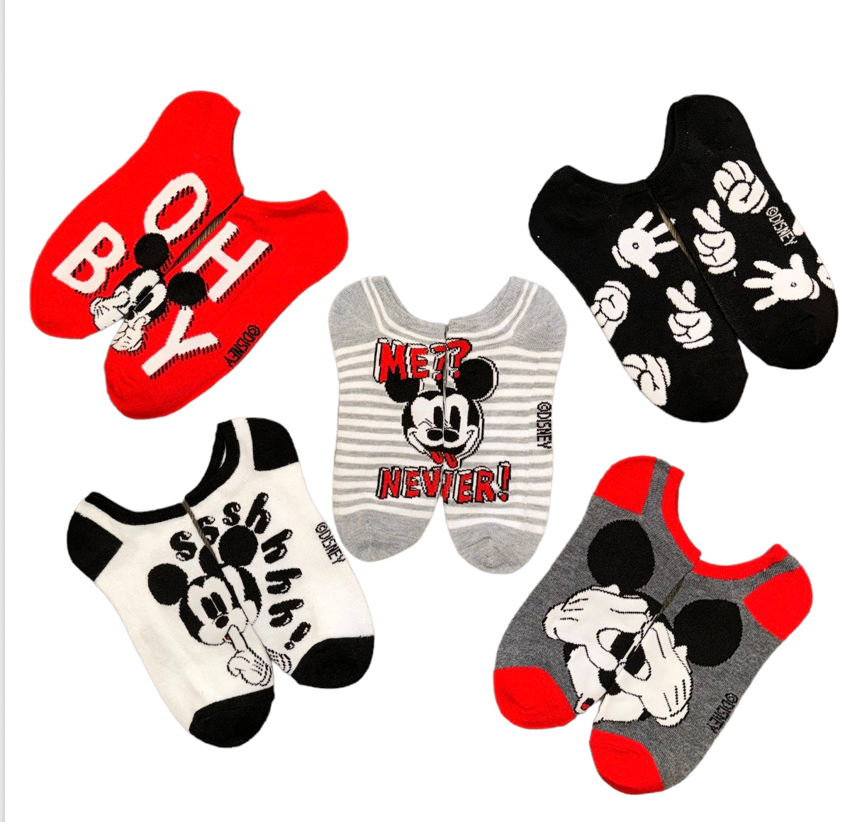 DISNEY Ladies MICKEY MOUSE 5 Pair Of No Show Socks ‘OH BOY’ ‘ME? NEVER!’ - Novelty Socks And Slippers