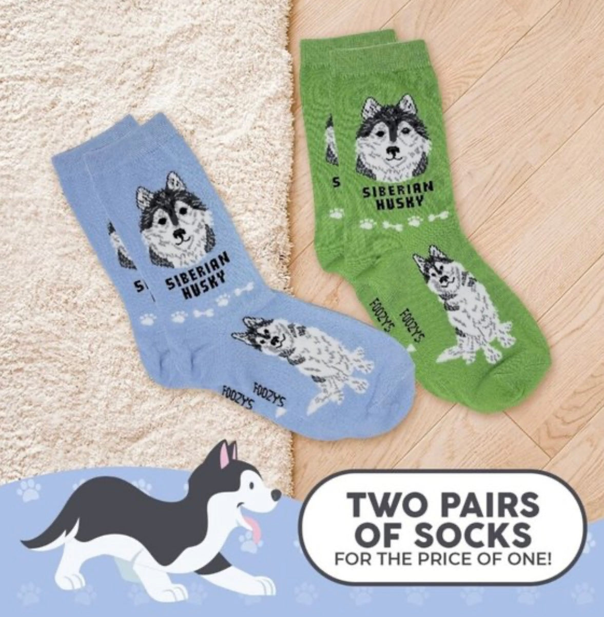 FOOZYS Brand Ladies 2 Pair Of SIBERIAN HUSKY Socks - Novelty Socks And Slippers