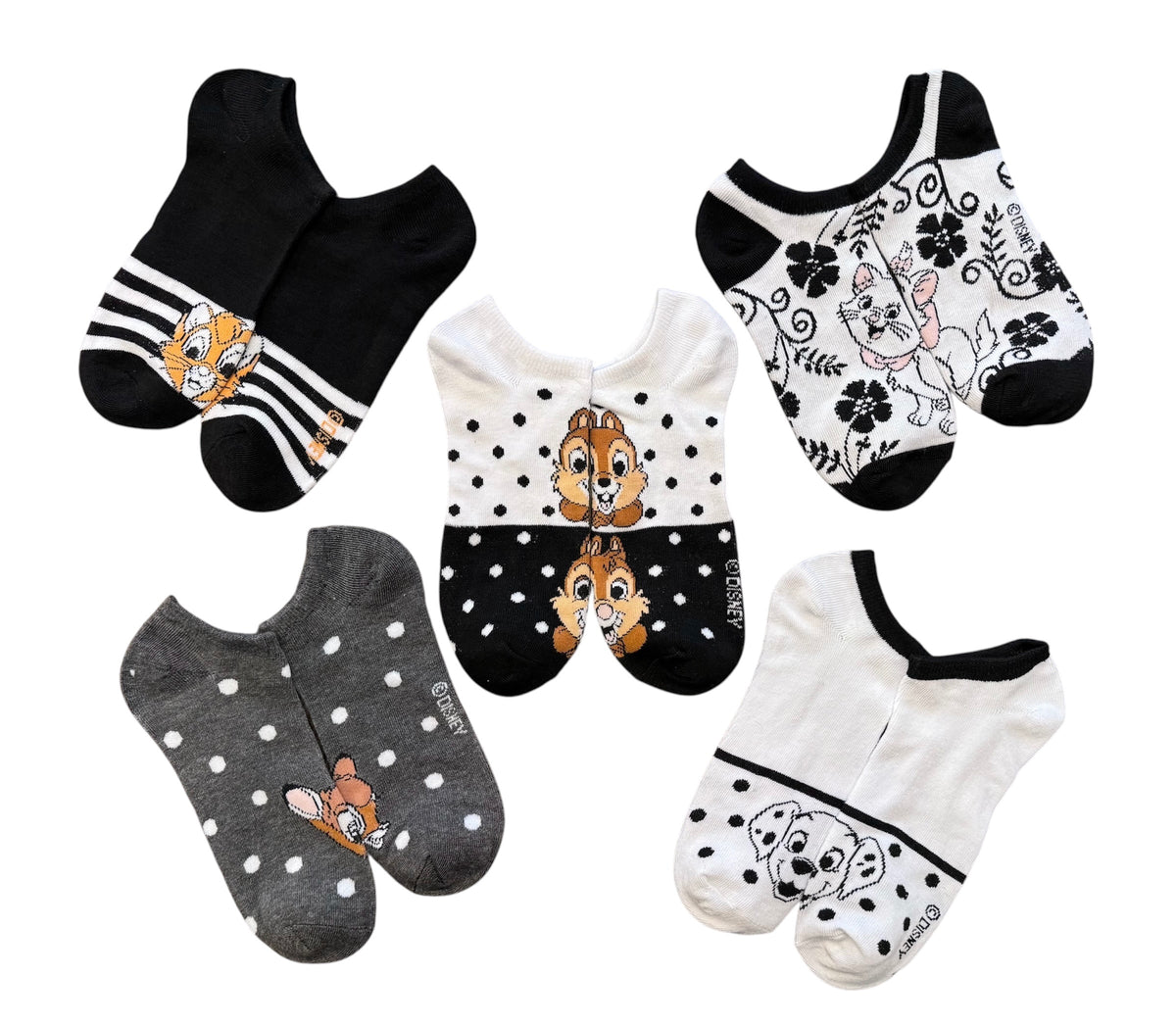 DISNEY Ladies 5 Pair Of NO SHOW Socks CHIP & DALE, BAMBI, ARISTOCATS - Novelty Socks And Slippers