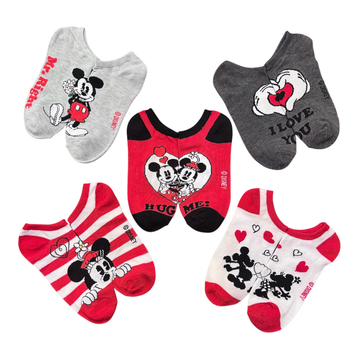 DISNEY Ladies 5 Pair Of VALENTINE'S DAY No Show Socks MICKEY MOUSE & MINNIE MOUSE ‘I LOVE YOU'’ - Novelty Socks And Slippers