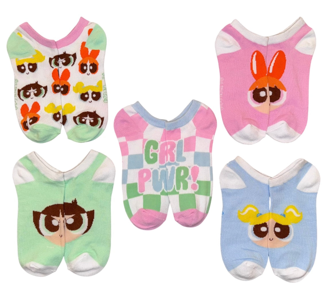POWERPUFF GIRLS Ladies 5 Pair Of No Show Socks 'GRL PWR' - Novelty Socks And Slippers