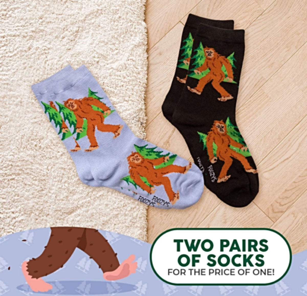 FOOZYS BRAND Ladies 2 Pair Of BIG FOOT SASQUATCH Socks - Novelty Socks for Less