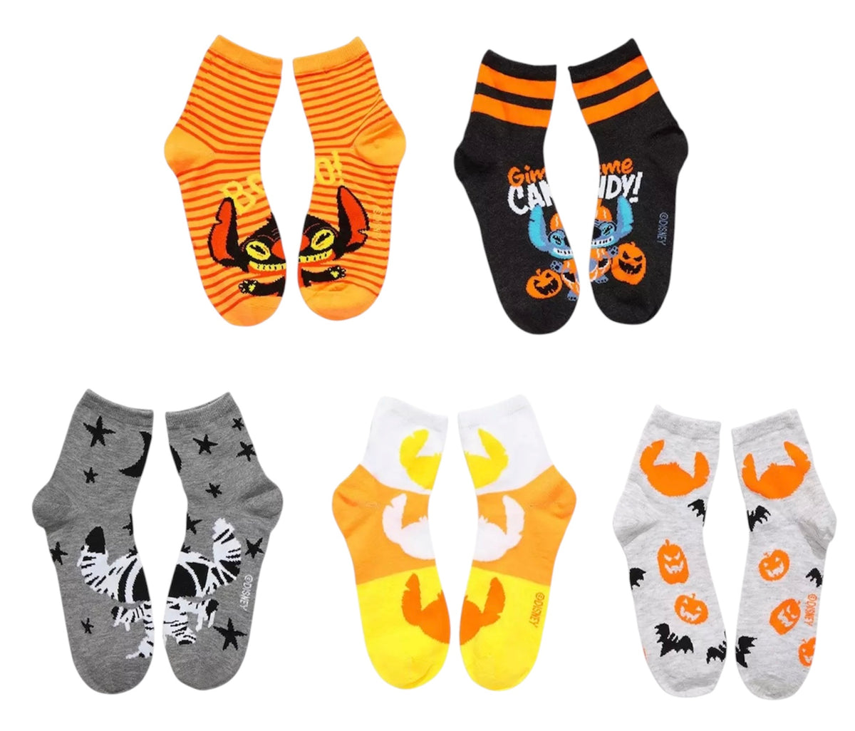 DISNEY STITCH HALLOWEEN 5 PAIR OF CREW SOCKS ‘GIMME CANDY’ 'BOO'