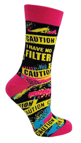 Fabdaz Brand Ladies CAUTION I HAVE NO FILTER Socks With Caution Tape - Novelty Socks And Slippers