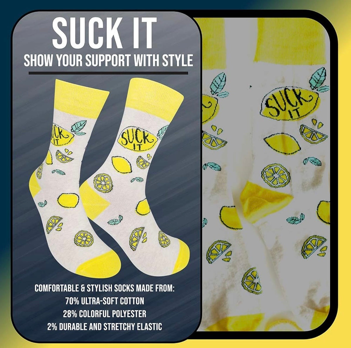 SUCK IT Adult Unisex LEMON Socks FUNATIC Brand Lemons All Over - Novelty Socks And Slippers
