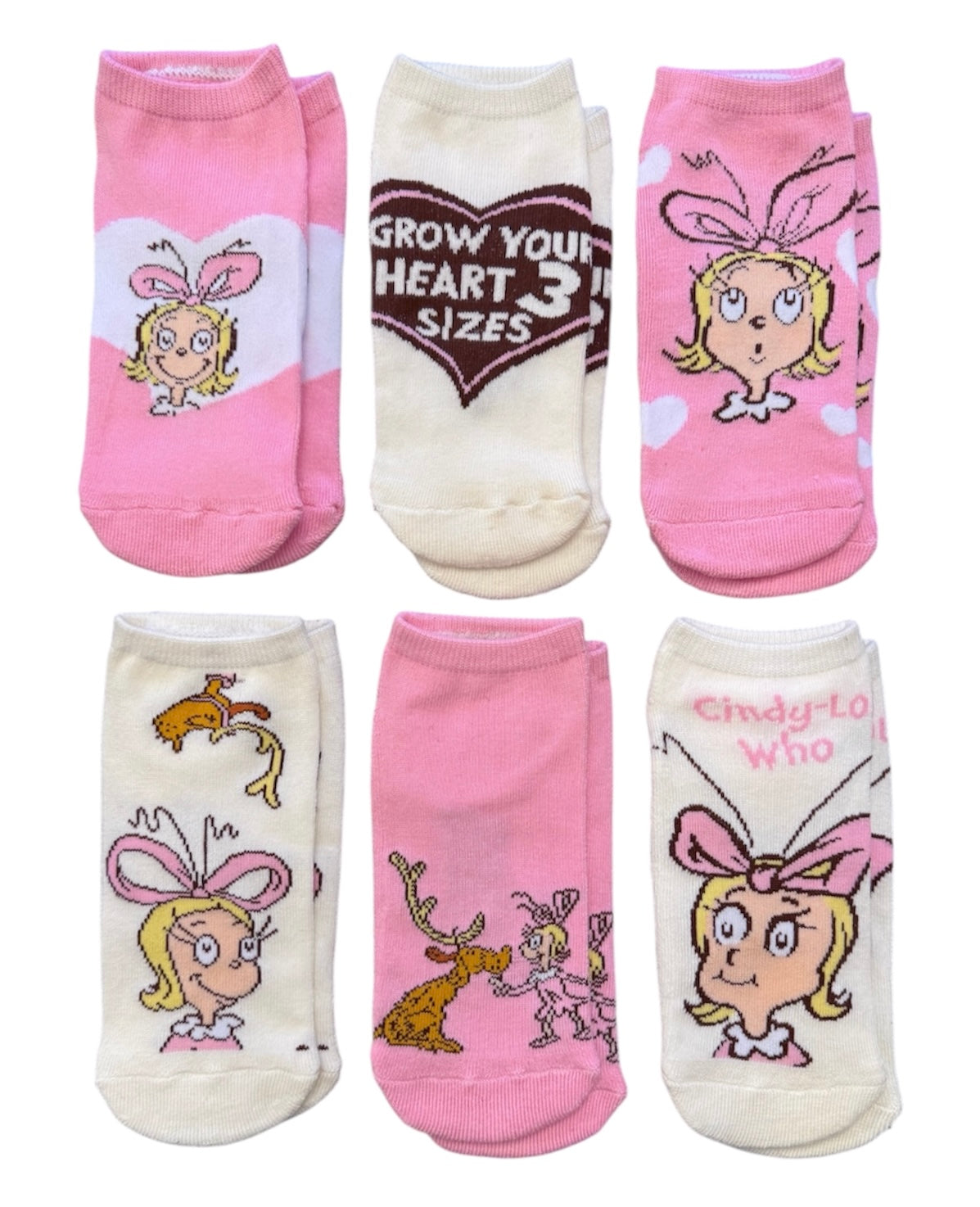 DR. SEUSS The Grinch Ladies 6 Pair Of VALENTINES DAY Cushion Ankle Socks ‘GROW YOUR HEART 3 SIZES’ BIOWORLD Brand - Novelty Socks And Slippers