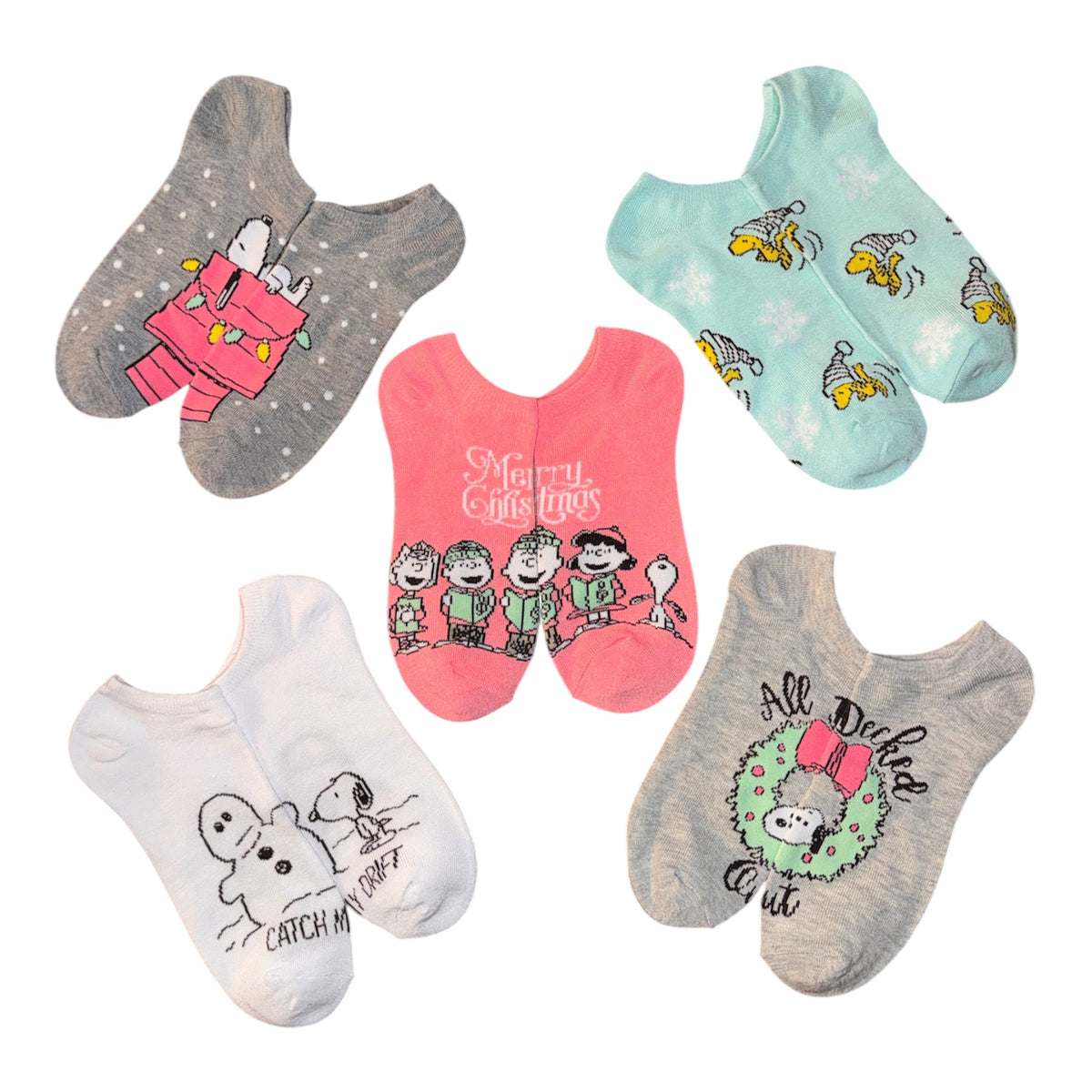 PEANUTS Ladies CHRISTMAS 5 Pair Of No Show Socks With CHARLIE BROWN, LUCY, SALLY, LINUS & SNOOPY