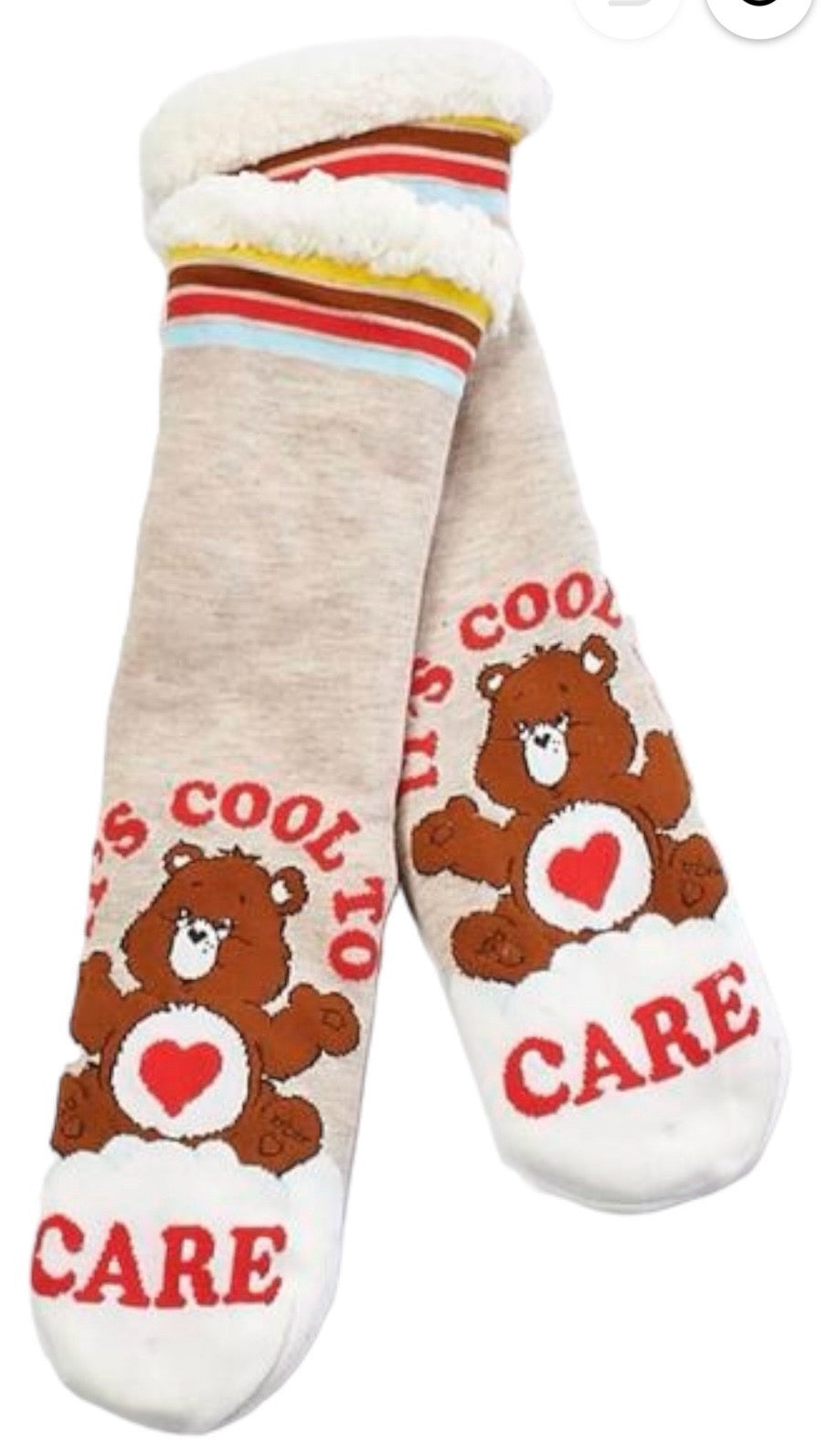 CARE BEARS Ladies Sherpa Lined Gripper Bottom Slipper Socks ‘IT’S COOL TO CARE’ - Novelty Socks And Slippers
