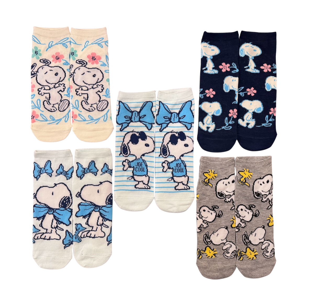 PEANUTS Ladies 5 Pair No Show Socks SNOOPY As Joe Cool & WOODSTOCK - Novelty Socks And Slippers