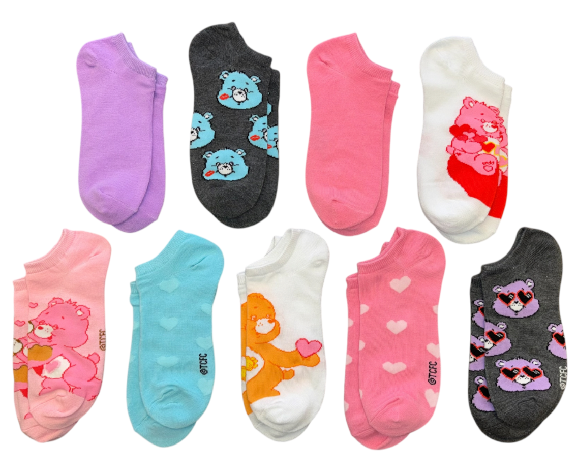CARE BEARS Ladies 9 Pair Of VALENTINES DAY Low Show Socks With HEARTS - Novelty Socks And Slippers