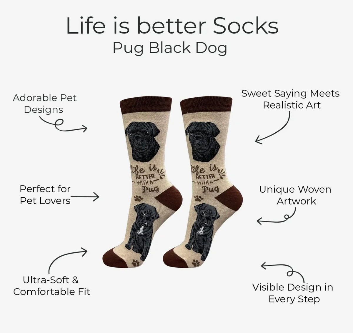 BLACK PUG Dog Adult Unisex Socks By E&S Pets Choose Style