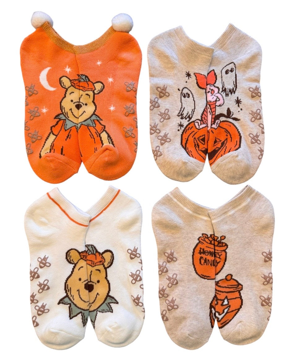 Disney Winnie The Pooh Ladies 4 Pair Of Holiday Thick No Show Gripper Bottom Slipper Socks (Choose Holiday)