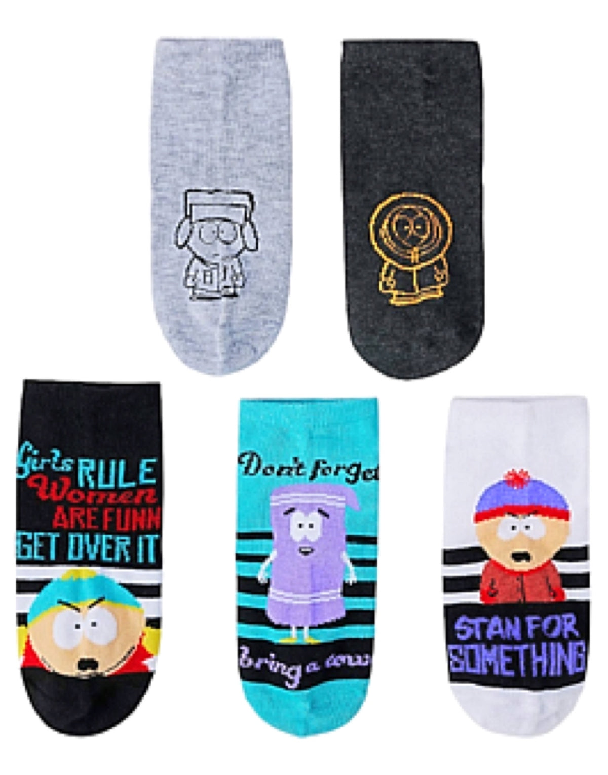 SOUTH PARK LADIES 5 PAIR OF NO SHOW SOCKS TOWLIE ‘GIRLS RULE WOMEN ARE FUNNY GET OVER IT’ - Novelty Socks for Less