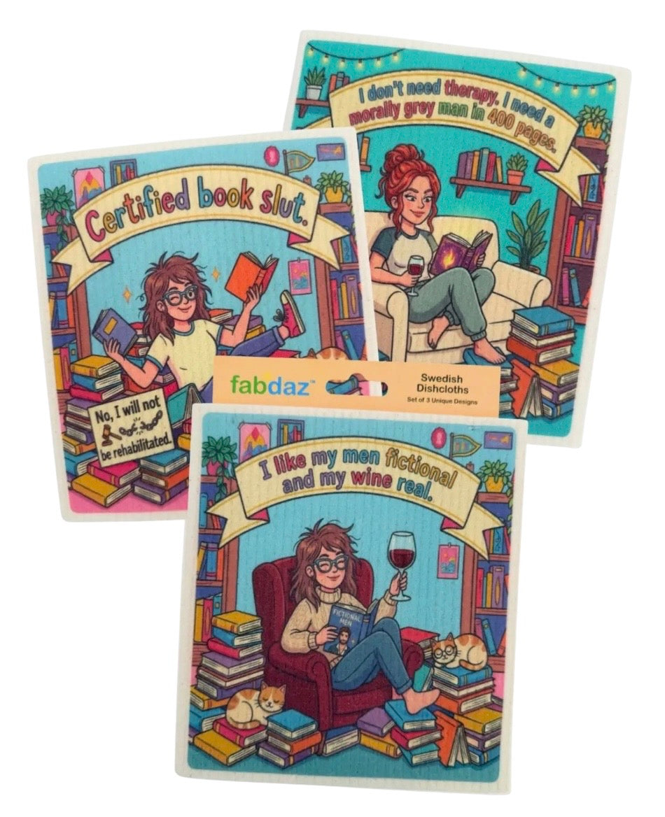 ROMANCE BOOK LOVER Set Of 3 Swedish Dishcloths ‘I Like My Men Fictional & My Wine Real’