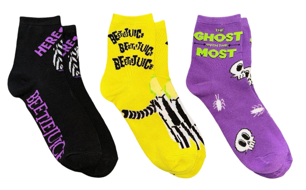 BEETLEJUICE MOVIE LADIES 3 PAIR OF HALLOWEEN SOCKS ‘THE GHOST WITH THE MOST’ - Novelty Socks And Slippers