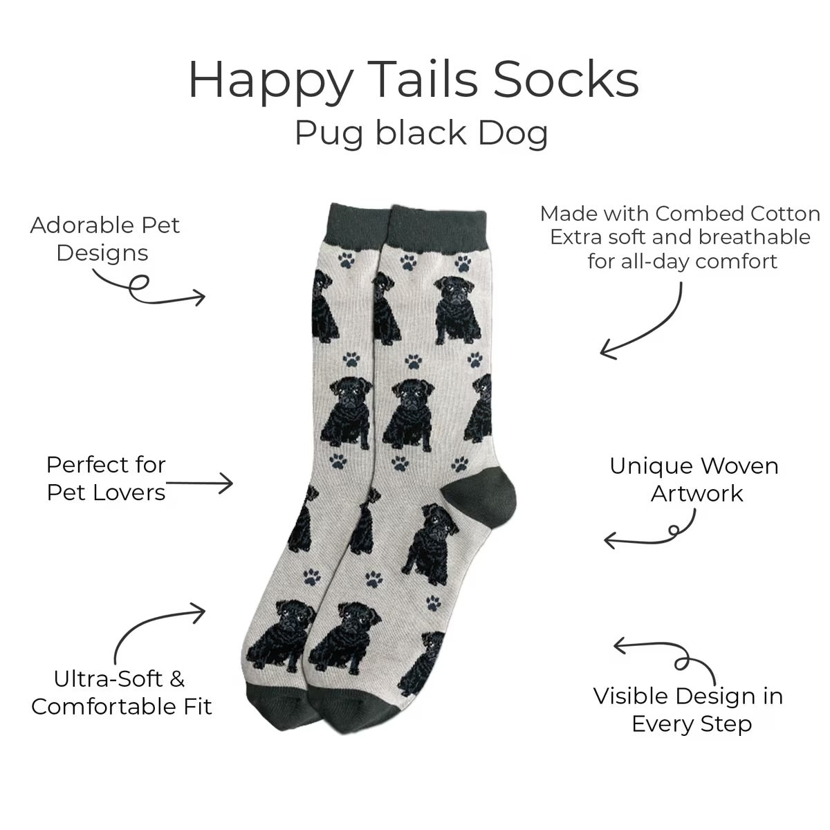 BLACK PUG Dog Adult Unisex Socks By E&S Pets Choose Style