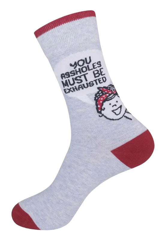 FUNATIC Brand Unisex ‘YOU ASSHOLES MUST BE EXHAUSTED FROM WATCHING ME DO EVERYTHING’ Socks - Novelty Socks And Slippers