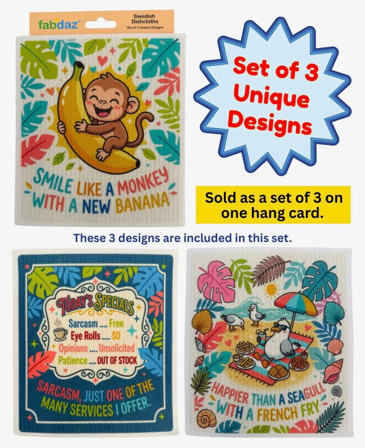 SILLY SAYINGS Set Of 3 Swedish Dishcloths Happier Than A Seagull With A French Fry