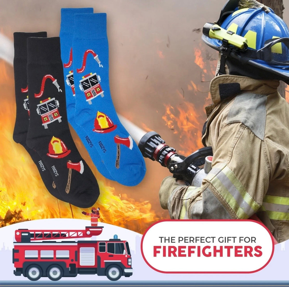 FIREMAN Men’s Socks FIRE TRUCK, HOSE, HELMET FOOZYS Brand