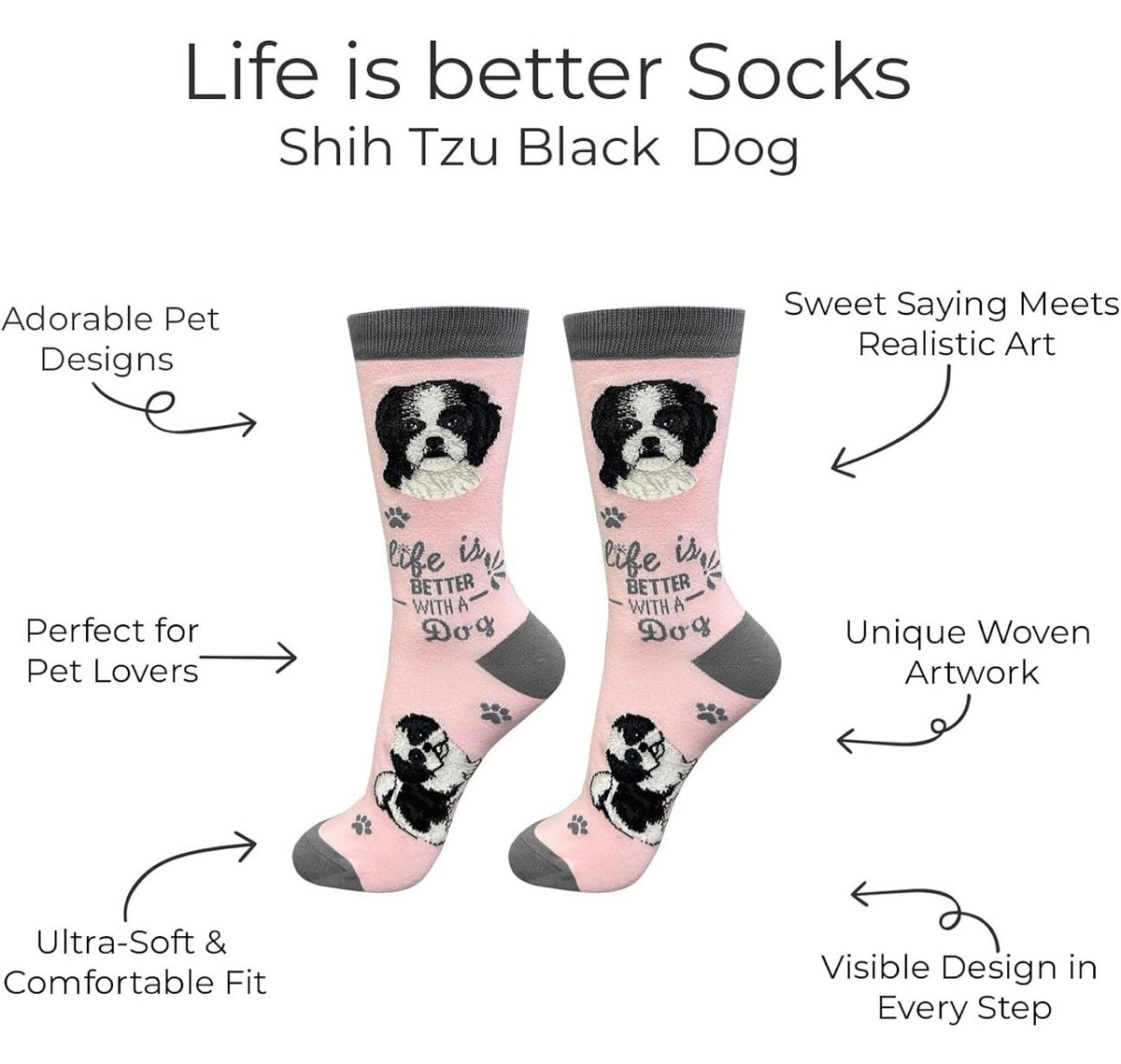 BLACK & WHITE SHIH TZU Dog Adult Unisex Socks By E&S Pets Choose Style