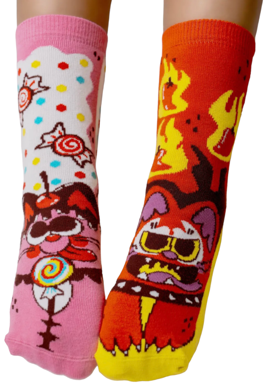 PALS SOCKS Brand Unisex Toddler & Kids CAT Mismatched Gripper Bottom Socks ‘PURRTY SWEET & FELINE SPICY (Choose Size) - Novelty Socks And Slippers