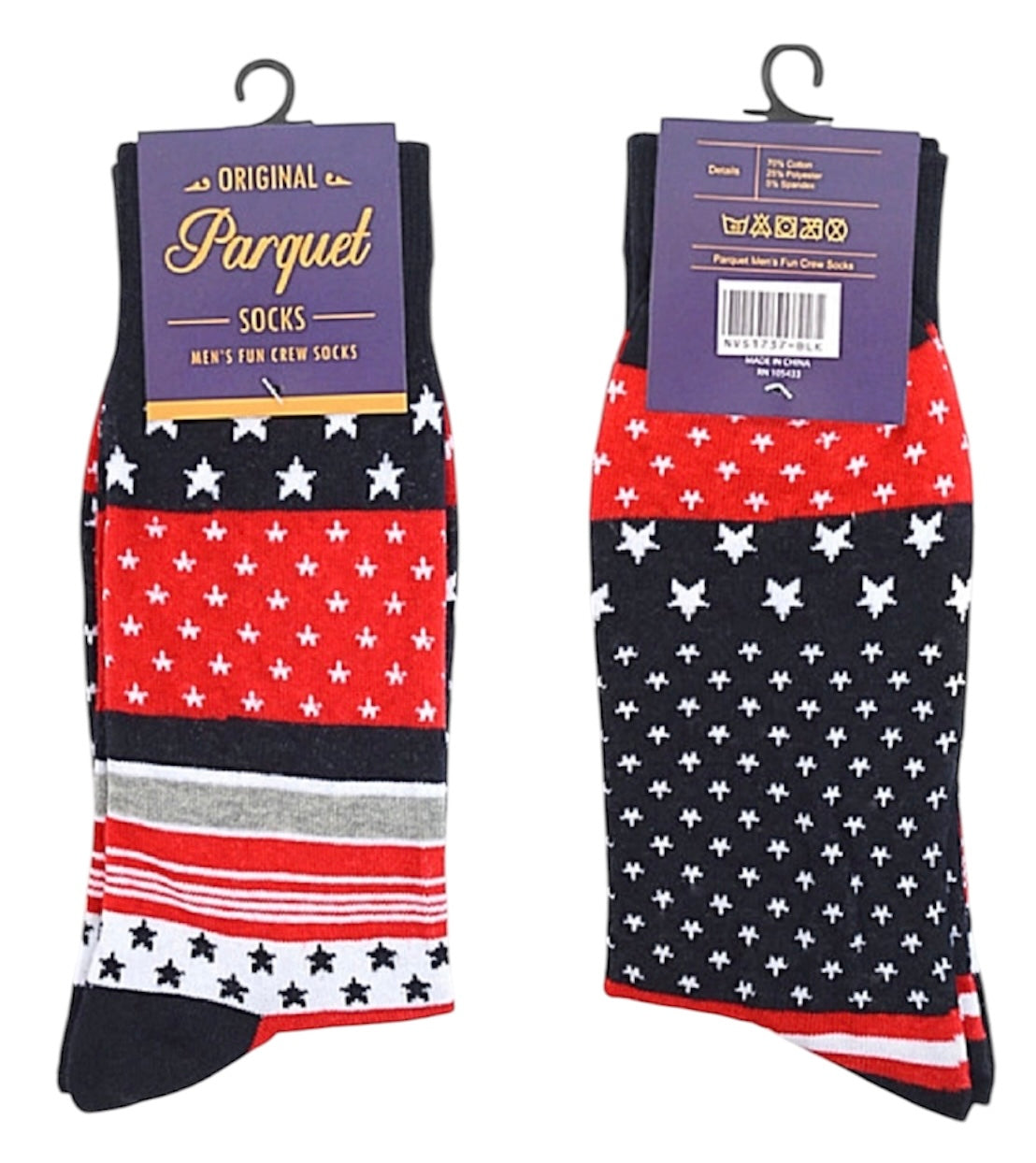 PATRIOTIC SOCKS Men's Socks RED, WHITE & BLUE With Stars All Over PARQUET BRAND - Novelty Socks And Slippers