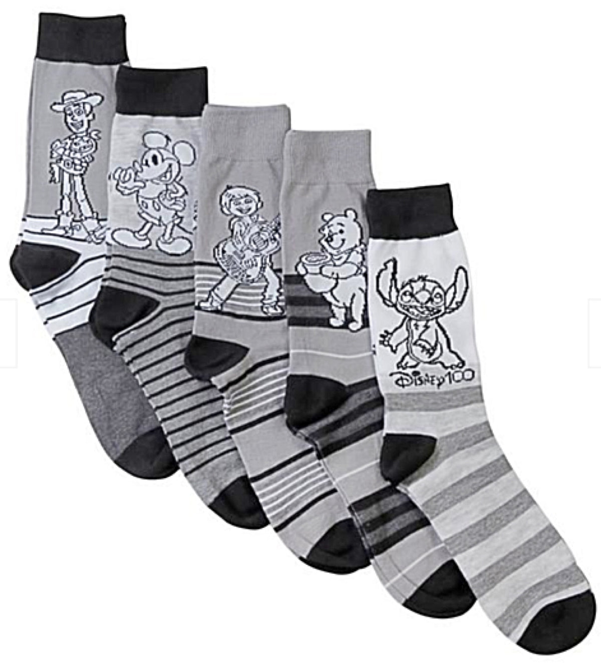 DISNEY 100 Men’s 5 Pair Of Socks Gift Set WOODY, STITCH, MICKEY, WINNIE THE POOH & MIGUEL - Novelty Socks for Less