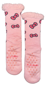 SANRIO HELLO KITTY Ladies Sherpa Lined Gripper Bottom Slipper Socks With Hello Kitty Bows All Over - Novelty Socks And Slippers