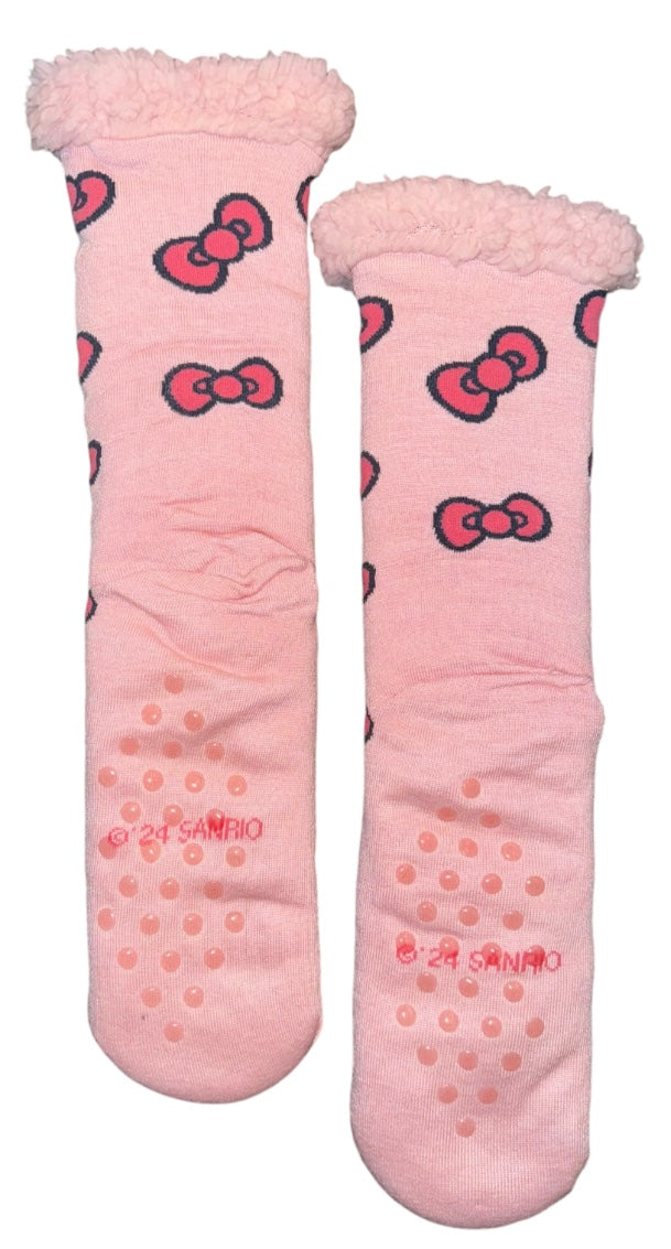 SANRIO HELLO KITTY Ladies Sherpa Lined Gripper Bottom Slipper Socks With Hello Kitty Bows All Over - Novelty Socks And Slippers