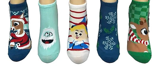 RUDOLPH THE RED NOSED REINDEER Ladies 5 Pair Of No Show Socks ABOMINABLE SNOWMAN, HERMIE THE HAPPY ELF DENTIST - Novelty Socks And Slippers