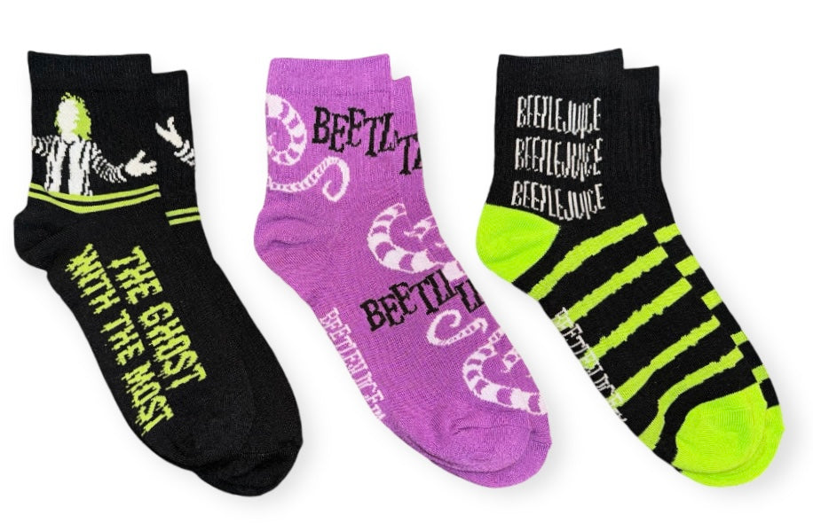 BEETLEJUICE Movie Ladies 3 Pair Of Socks SANDWORM ‘THE GHOST WITH THE MOST’ BIOWORLD Brand - Novelty Socks And Slippers