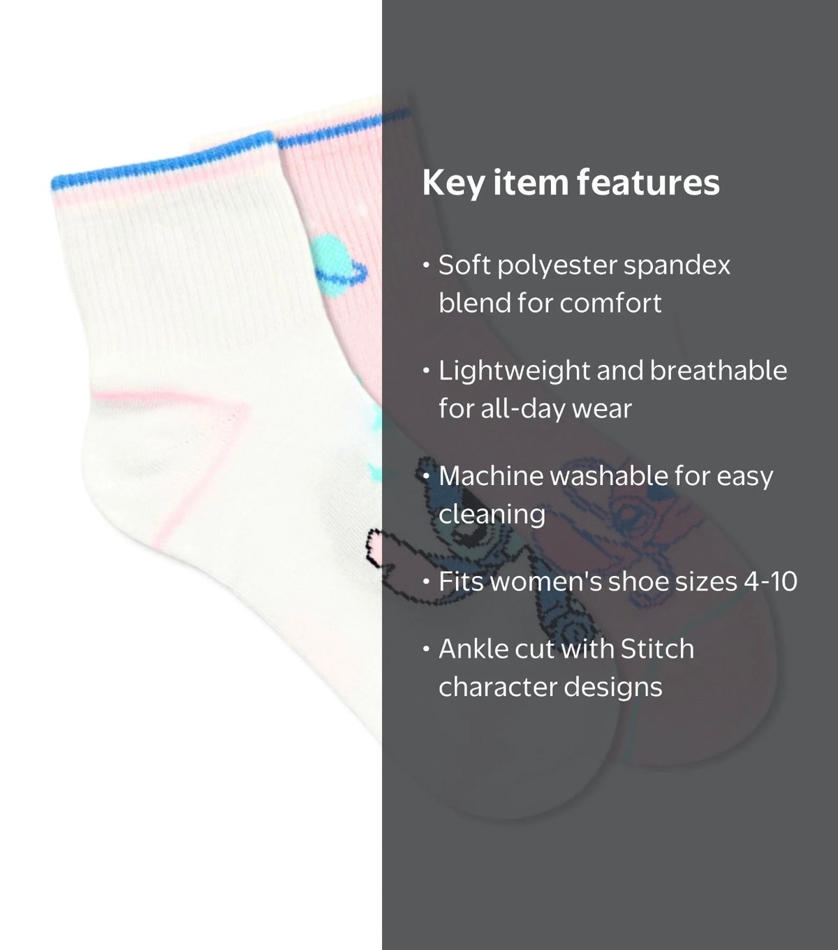 DISNEY STITCH Ladies 2 Pair Of Crew Socks STITCH & ANGEL