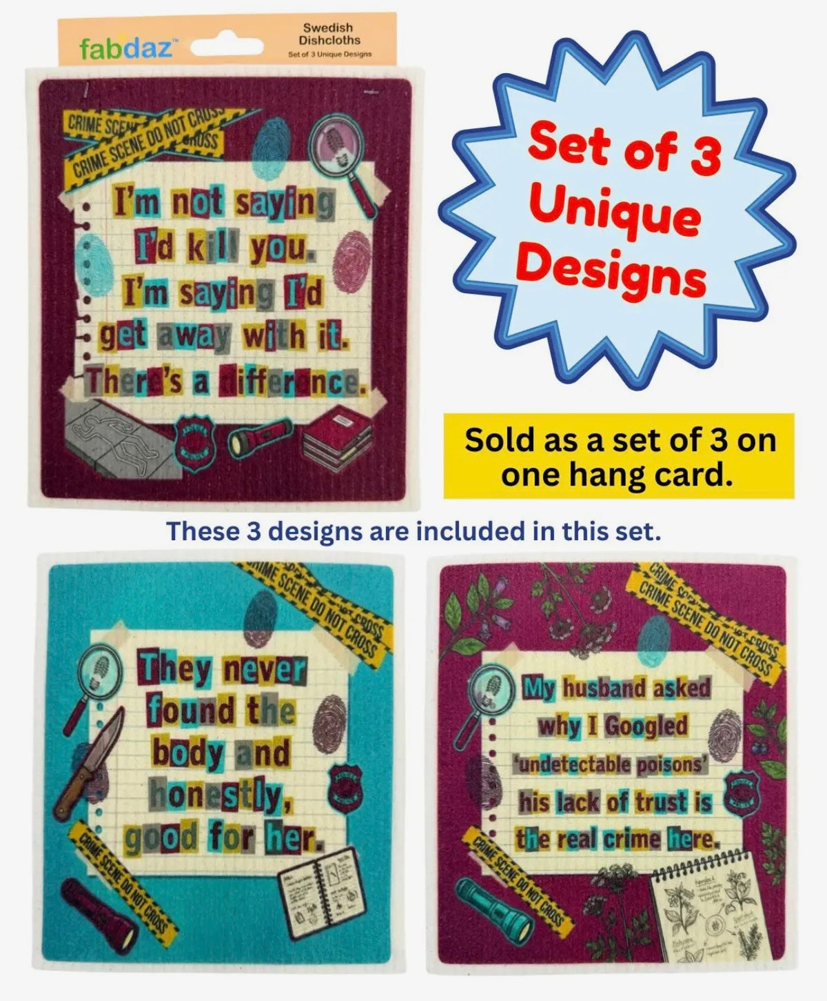 TRUE CRIME FUNNY SAYINGS Set Of 3 Swedish Dishcloths ‘They Never Found The Body And Honestly, Good For Her’